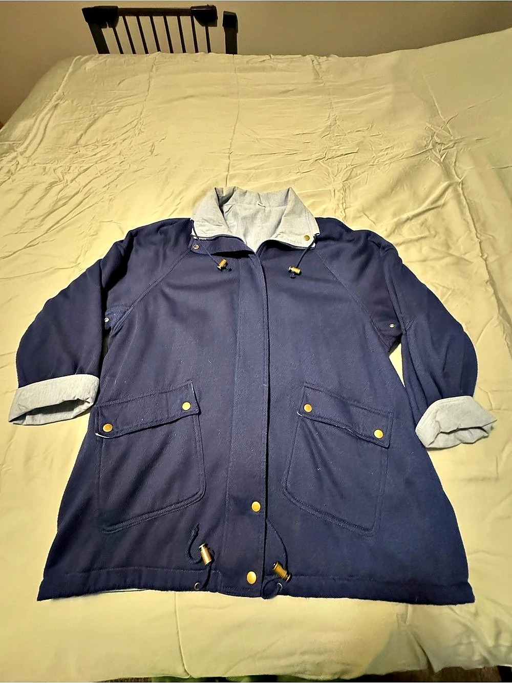 Women’s Navy Blue Utility Jacket Gray Trim Brass-Tone Snaps